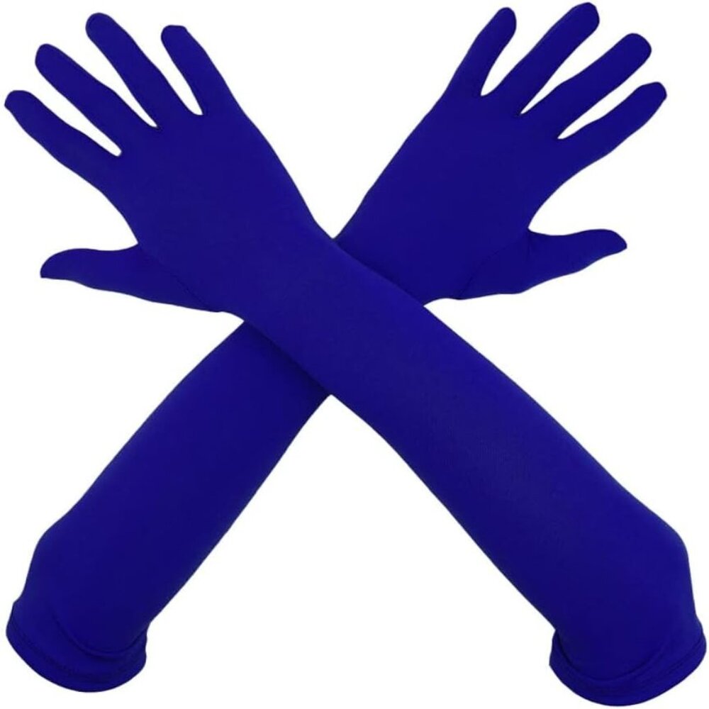 Women's Satin Navy Blue Gloves Elbow Length Full Finger Stretchy Party Costume